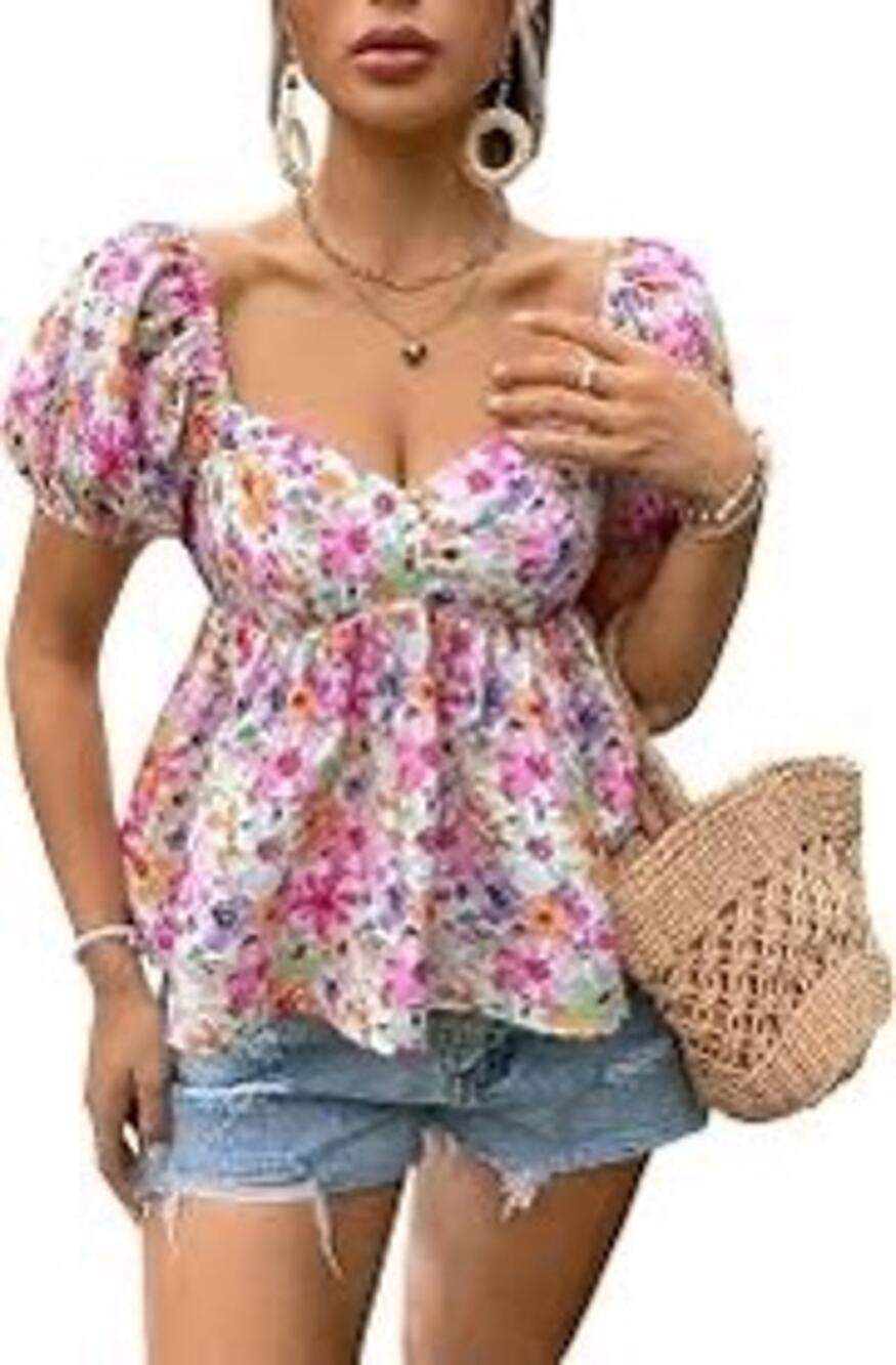 SHEIN Floral Sweetheart Neck Puff Sleeve Peplum Top Pink M